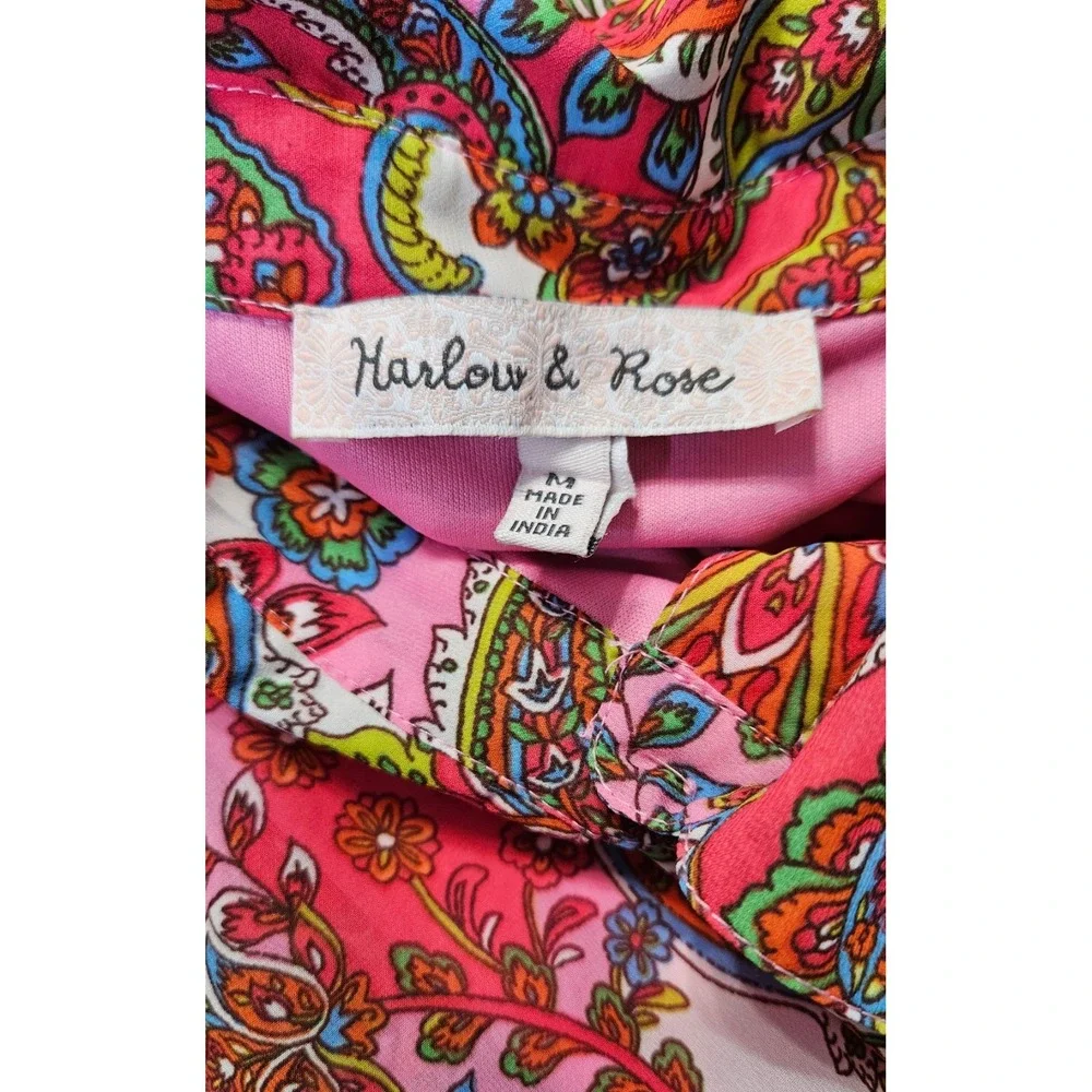 Harlow & Rose Pink Paisley Print Long-sleeve Midi Dress Size Medium Missing Belt - Picture 15 of 16